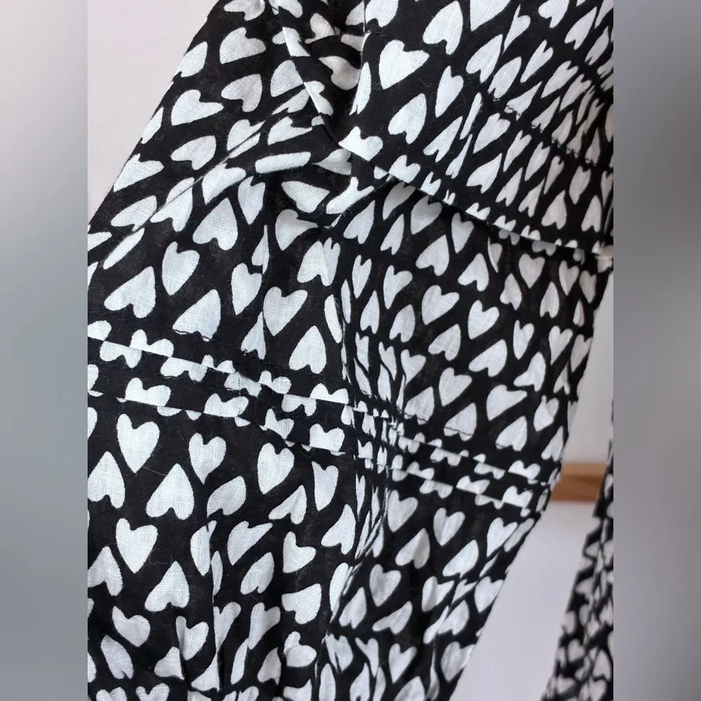 Ivy jane Black & White Heart Print Smocked Peasant Top prairie Cottagecore